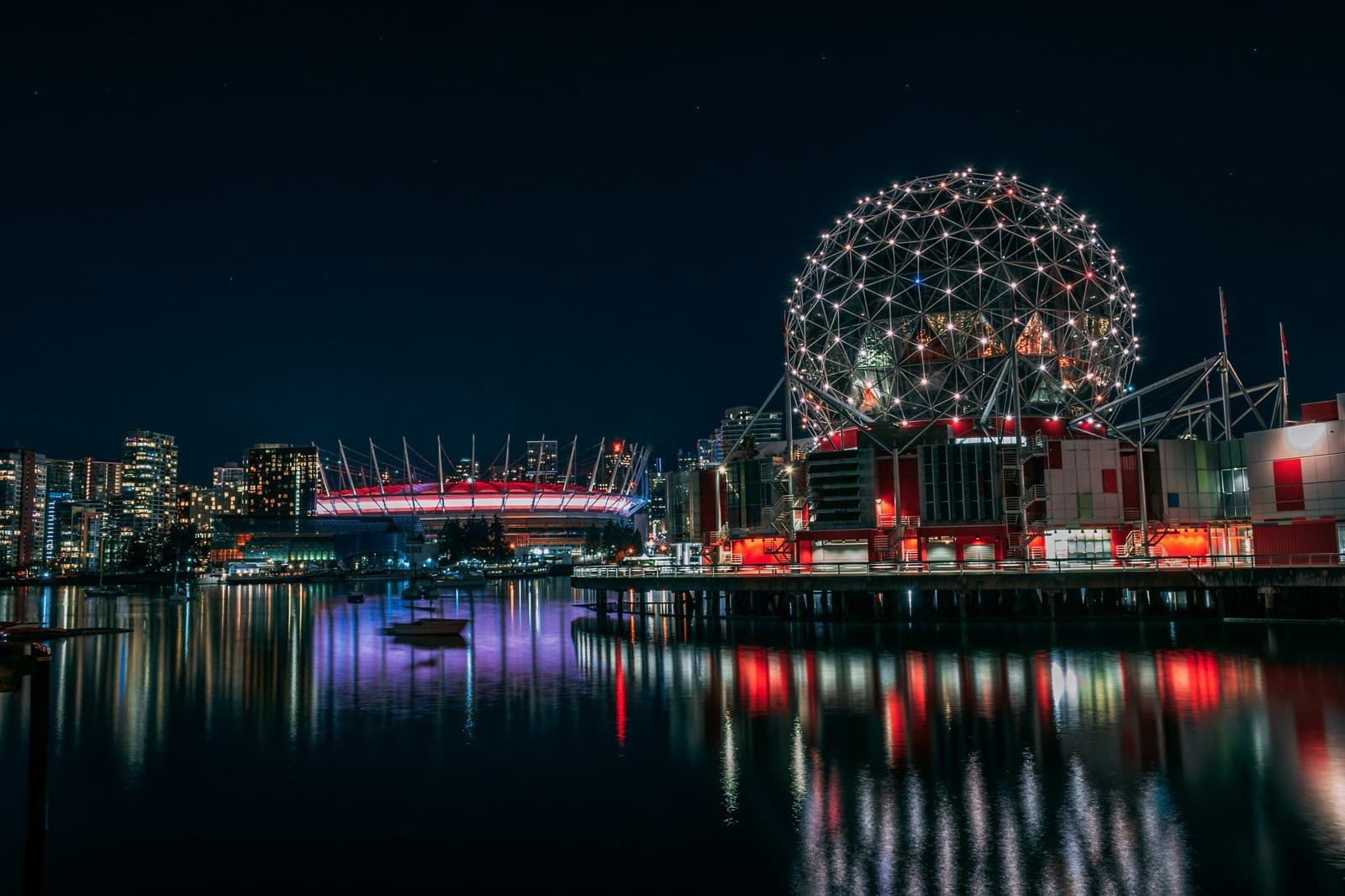 Science World and False Creek at night, Vancouver